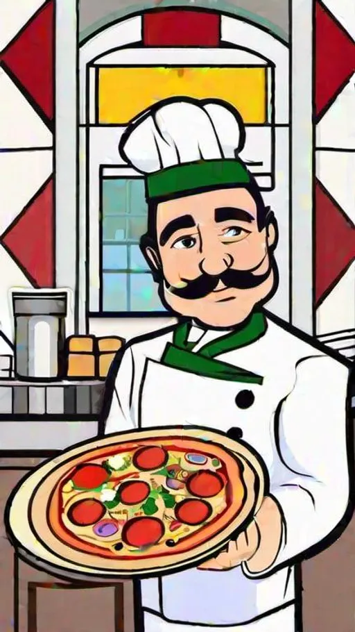 Prompt: an italian pizza restaurant chef named Peppino Spaghetti