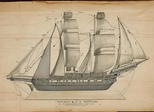 Prompt: 18th Century technical drawing of a sailing ship's top view. Old paper texture.