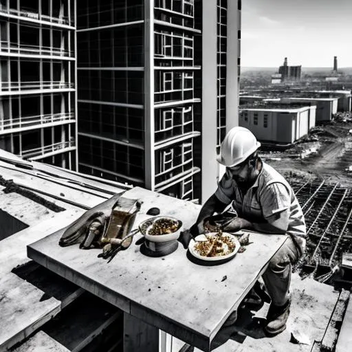 Prompt: A photo of construction worker sit down and eat a meal from the edge of the building that under construction, landscape view, black and white, realistic, 4k, uhd, ultra wde.