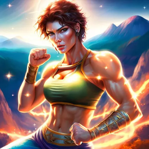 Prompt: photorealistic, beautiful muscled warrior woman, tall, perfectly formed body, beautiful face, short hair, ideal proportions, full body, battling across the universe, fist fighting, stars beneath the skin, epic, exotic energy