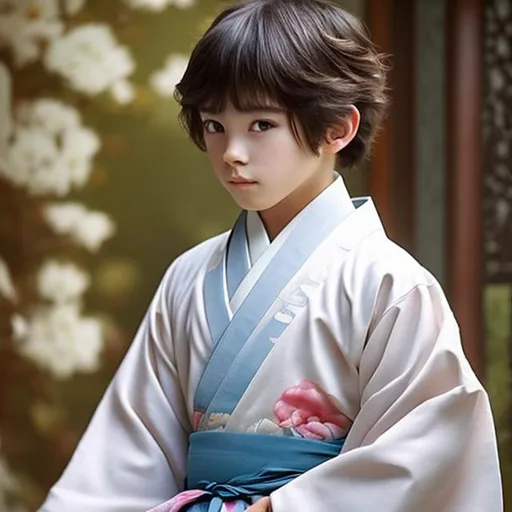 Prompt: Beautiful boy wears kimono, he looks like a young girl, but when he grow to a man, he would be a very handsome man