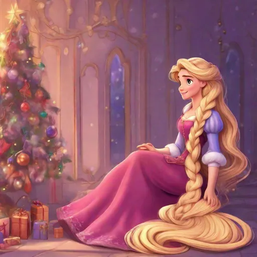 Prompt: Vivid, detailed, Disney art style, full body, Rapunzel Disney Princess, Hair part on left side, full body, cute, Christmas