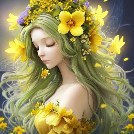 Prompt:  fairy goddess  of spring ,  yellow flowers  in  hair,  closeup