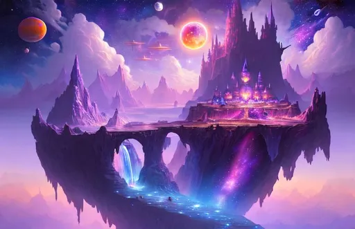Prompt: fantasy kingdom on a floating island, space, clouds, stars, planets, waterfalls, nebulae, mystical, purple, pink, blue, trending on artstation, highly detailed matte painting