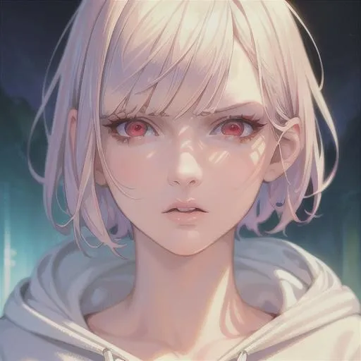Prompt: (masterpiece, illustration, best quality:1.2), close up, short hair, white hair, red eyes, wearing hoodie, disgusted expression, best quality face, best quality, best quality skin, best quality eyes, best quality lips, ultra-detailed eyes, ultra-detailed hair, ultra-detailed, illustration, colorful, soft glow, 1 boy