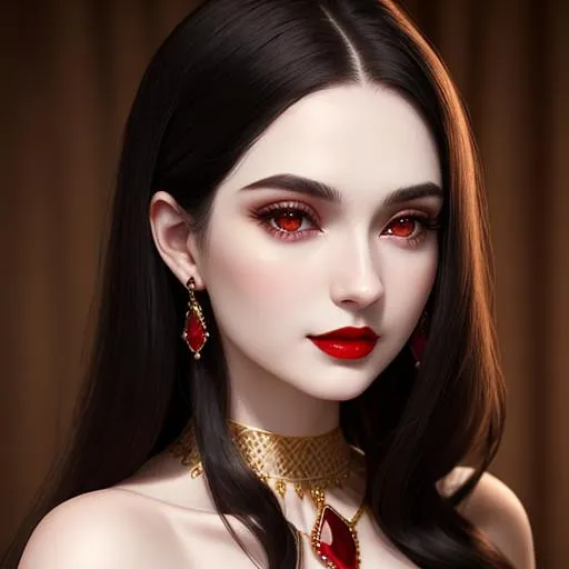 Prompt: Woman with long dark hair, pale skin,wearing a ruby and  gold jewelry, pretty makeup, red lipstick, facial closeup