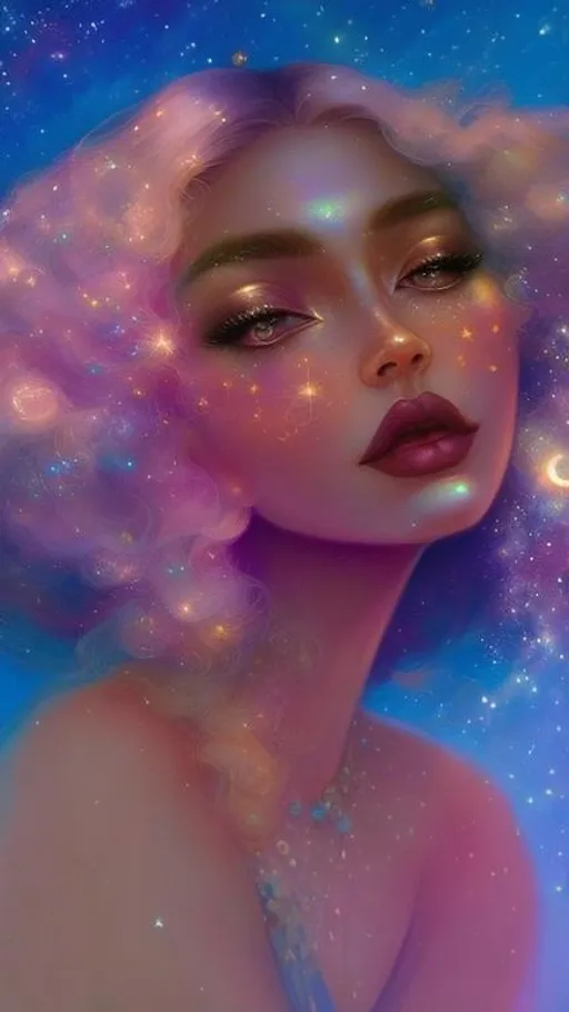 Prompt: A very beautiful woman with hair made of glowing clouds illuminated by the moonlight, freckles shaped as Golden stars, artistic makeup with a metallic iridescent pallette, art by Tom Bagshaw, artgerm, ilya kuvshinov,  Huang Guangjian, Josephine Wall, WLOP, art by Laura Hollingsworth, Andrew Atroshenko, 4k, pretty visuals, aesthetic, artstation, unreal engine, shadow effect, insanely detailed and intricate, highly detailed, shooting stars, iridescent effect to the white clouds.