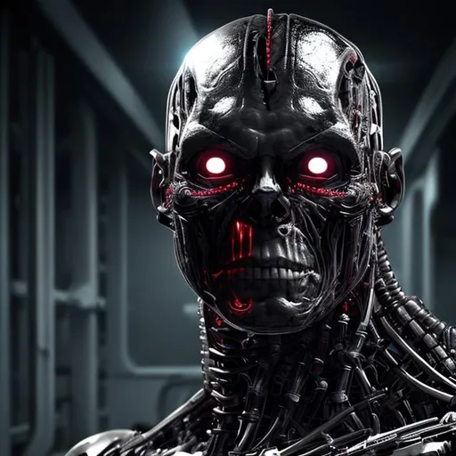 Prompt: ALMOST HUMAN flesh cyborg dark theme robotic background
