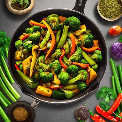 Prompt: Indian vegetables and herbs stir-fry cooking in a pan, photorealistic painting, highly detailed, 8K, vibrant colors
