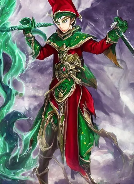 Prompt: A simic hybrid elf warcaster with a green burning sword in one hand and a magic ring in the other. He wears red black and golden robes. Anime artstyle