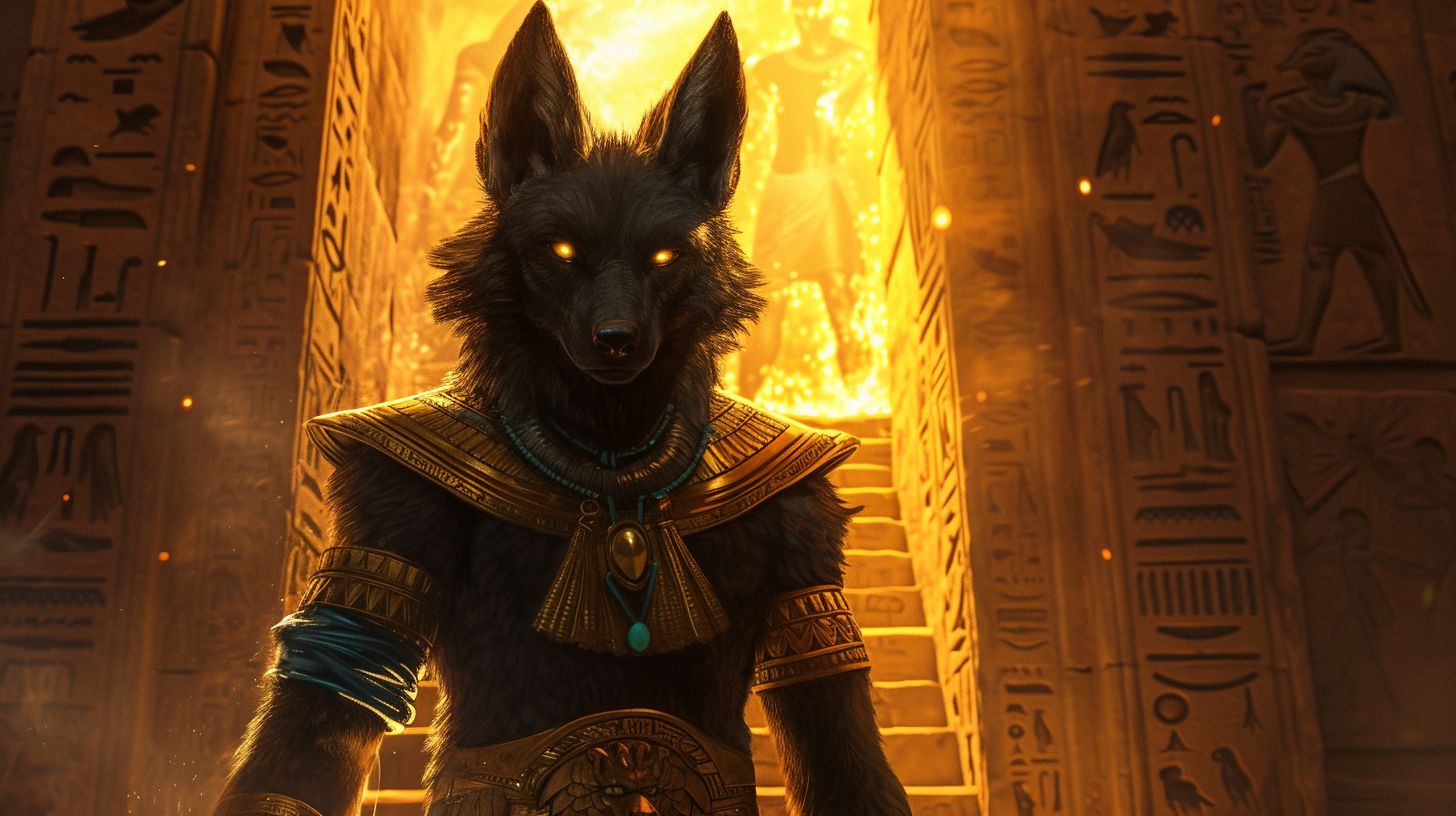 Prompt: furry, a slender black jackal, the god Anubis, golden eyeliner, bright golden eyes, anthropomorphic, detailed fuzzy fur, Egyptian Jewelery, blue and gold arm bracers, golden loin cloth, in a dark temple being lit up by a giant flaming caldron, long/tall pointed ears, long majestic pointed (Borzoi) muzzle, --v 6.0 --ar 16:9