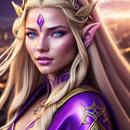 Prompt: Portrait of an (elf queen feminine woman) with long blonde (glowing hair) wearing rich purple clothing in a dark fantasy theme with blue eyes, dark skin (Model: Adriana Lima), fantasy world skyline, photo realistic, hyperrealism, artstation, HD, 4K, dynamic lighting, hyperdetailed very hard colorful pencil strokes line art, hyperdetailed dynamic action light effect in the air, colorful glowing glamour sunshine, windy, studio lighting, cinematic light, hyperdetailed light reflection, intricate iridescent glowing glamour colorful light reflection, hyper detailed strong shading, glamorous sky, impressionist painting, key visual, precise line art, cinematic, masterfully crafted, 8k resolution, beautiful, stunning, ultra detailed, expressive, hyper maximalist, colorful, rich deep color, brush strokes, pencil strokes, UHD, HDR, UHD render, high quality 3D anime art, 3D render cinema 4D, digital painting, perfect composition, 16k upscaled image, illustration, key visual, precise line art, cinematic, masterfully crafted, 8k resolution, beautiful, stunning, ultra detailed, expressive, hyper maximalist, colorful, rich deep color, brush strokes, pencil strokes, UHD, HDR, UHD render, high quality 3D anime art, 3D render cinema 4D, digital painting, perfect composition, 16k upscaled image, illustration, impressionist painting, hyper detailed full body clothes, ultra realistic hyperdetailed soft watercolor clothes wrinkle shading, stray hairs, intricate hyperdetailed energetic blue eyes, intricate hyperdetailed beautiful gloss lips, intricate hyperdetailed face, complex, hyperdetailed quality 3D anime, detailed face