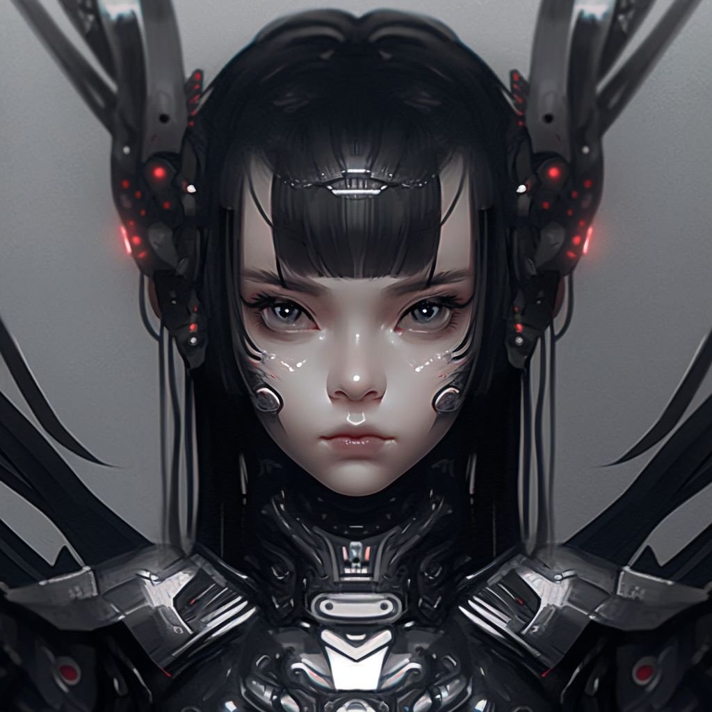 Prompt: digitally painted anime girl by ddk, in the style of futuristic shapes, monochrome portraits, futuristic robots, smooth curves, dark palette, smooth and polished, baroque sci-fi