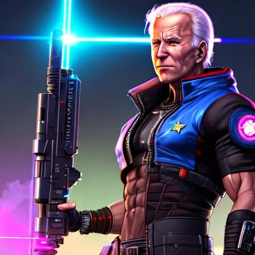 Prompt: ripped cyberpunk, Joe Biden with a laser blaster