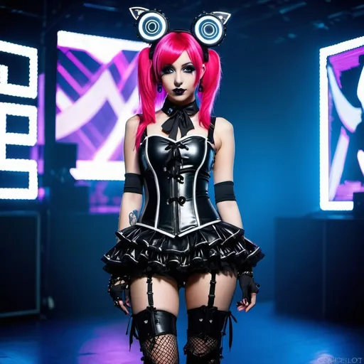 Prompt: Cyber goth lolita, electronic dance, full body view