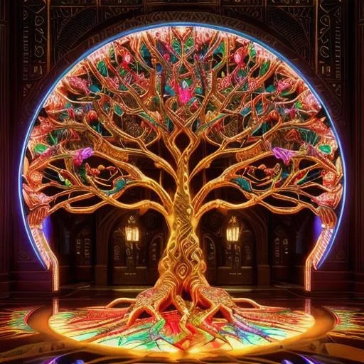 Prompt: Tree of Life with Roots, colorful, ultra gloss, gilded, art deco, ornate, intricate, led,  hyper-detailed, 64K, UHD, HDR, unreal engine, vivid colors