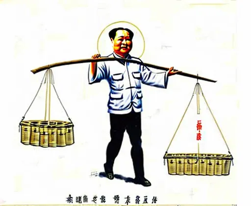 Prompt: Chinese propaganda poster of Mao Zedong carrying a bamboo pole with water buckets on his shoulder, Mao Zedong is surrounded by workers, Mao is in a village, highly detailed, highly decorated, masterpiece, vivid