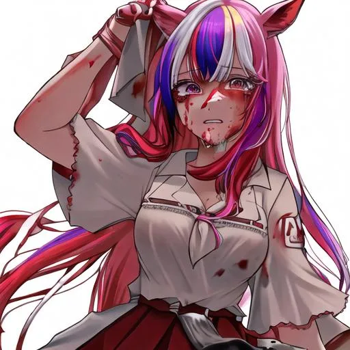 Prompt: Haley as a horse girl with bright multi-color hair covered in blood crying







