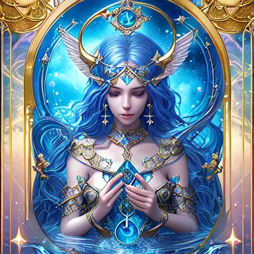 Prompt: Mystical Goddess, A Tarot Aquarius Pisces card, best quality, hyperdetailed, water, tarot, magic, glistening, WLOP, award winning CGI, clear