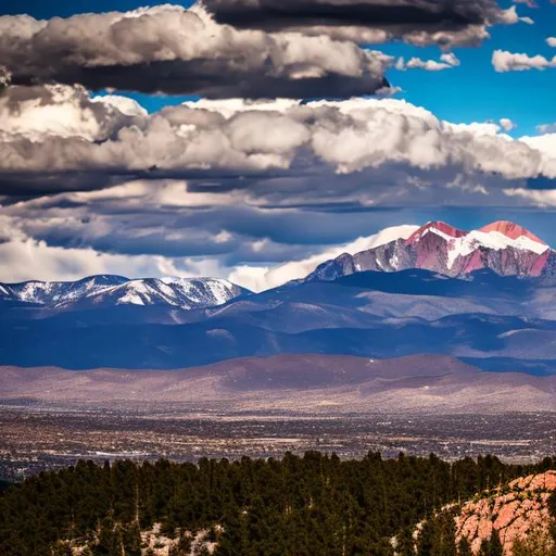 Prompt: long shot scenic professional photograph of Pikes Peak, view from Colorado Springs, perfect viewpoint, highly detailed, wide-angle lens, hyper realistic, with dramatic sky, polarizing filter, natural lighting, vivid colors, everything in sharp focus, HDR, UHD, 64K