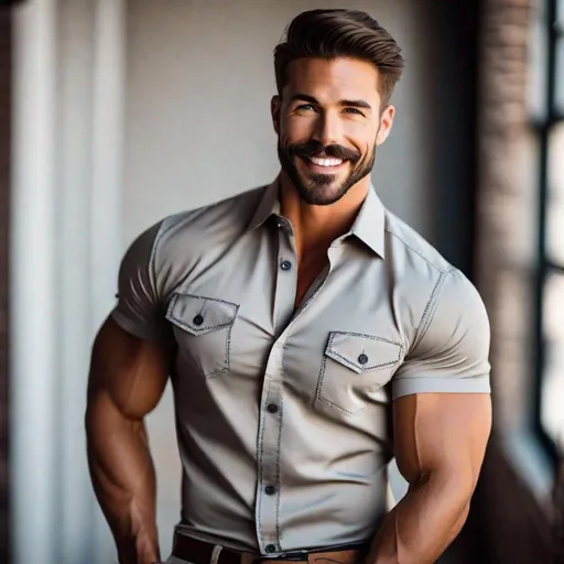 Prompt: Professional photoshoot of a pretty, muscular, man with a thick mustache and trimmed beard line around jaw, in a tight, short-sleeve button-down shirt with a single chest pocket, smiling, {defined shredded musculature, broad shoulders}, {sultry}, center frame, studio light, intricate detail, best quality
