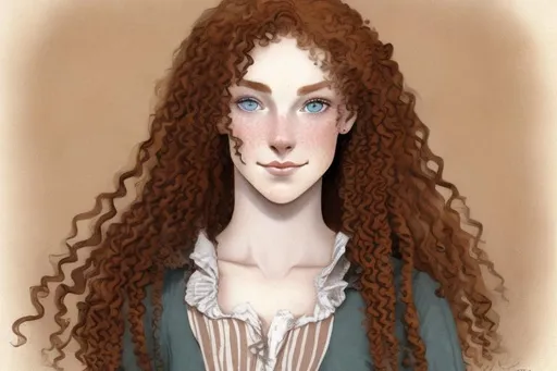 Prompt: Lass from scotland in 18th century red curly long hair with mid brown eyes, pale skin, with freckes
 