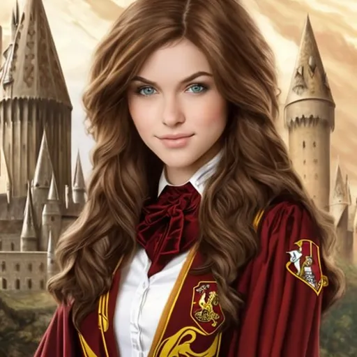 brown-haired, green-eyed beautiful woman as a Gryffi... | OpenArt