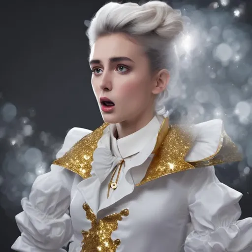 Prompt: Lady in a white dress shirt with a very puffy collar that has crazy gold sparkly magic spewing all around her collar because a magic spell just made contact with it