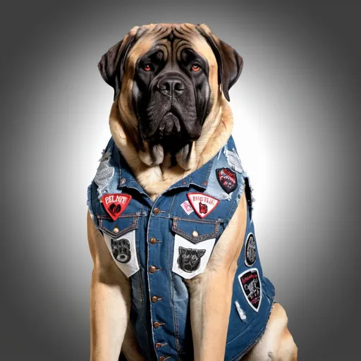 Prompt: english mastiff wearing a heavy metal music denim vest with patches