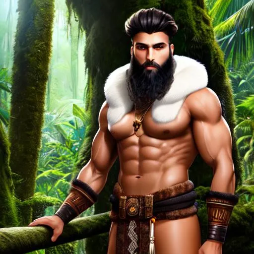 Prompt: A tall and muscular tan man wearing ancient tribal fur robes. short black hair, long bushy beard, blue eyes. in a rainforest