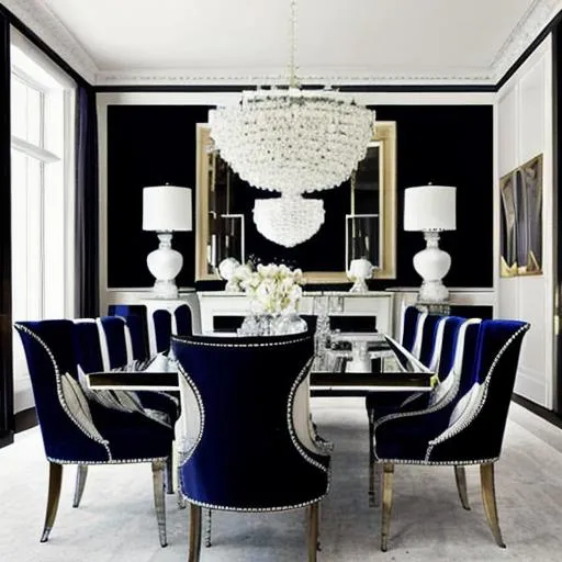 Prompt: black mirrored dining room, elegant, crystal frame chairs, indigo upholstery, elegant and sophisticated. 1920s photorealism