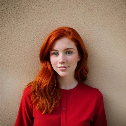 Prompt: Half-body portrait of a red-haired woman with freckles in front of a wall, shot with Kodak Gold 400