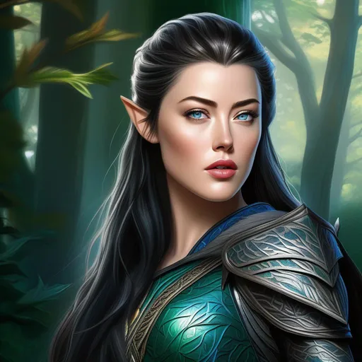 Prompt: Half body portrait of Amber Heard as Arwen from LOTR , dark green hair, blue eyes, full lips, elven forest armour, thighs, standing, centered, perfect anatomy, 16K, highly detailed, intricate detailed, smooth, sharp focused, elegant, illustration, character sheet, perspective, vibrant high contrast , artstation,