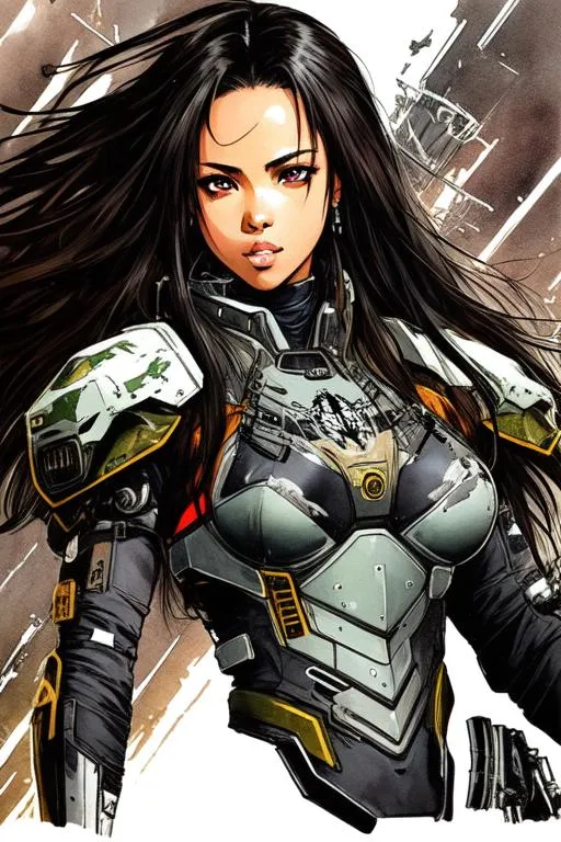 Prompt: (((Yoji Shinkawa))), sticker of ultra detailed portrait of Aaliyah Dana Haughton in black mech armor,  high quality cell shaded illustration in post apocalyptic style by Yoji Shinkawa, ((full body)), dynamic pose, perfect anatomy, centered, freedom, soul, black long hair, approach to perfection, cell shading, 4k , cinematic dramatic atmosphere, watercolor painting, global illumination, detailed and intricate environment, artstation, concept art, fluid and sharp focus, volumetric lighting, cinematic lighting, Art by Yoji Shinkawa,