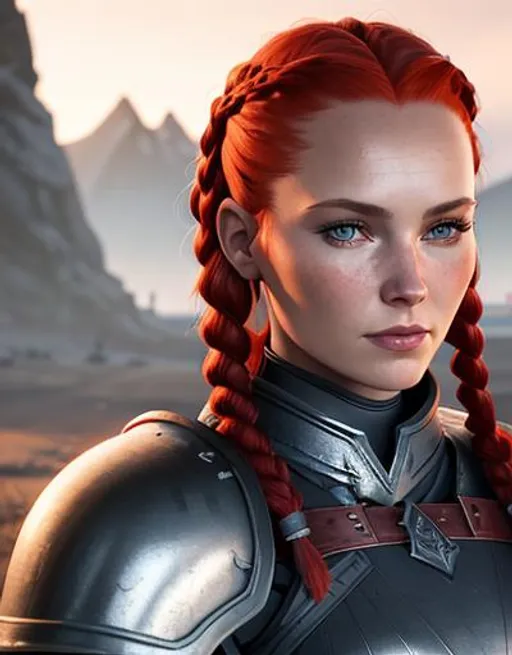 Prompt: Digital art, woman viking, cartoon likeness, subtle smile, red hair, cornrow braids, blue eyes, black gear, black armor, unreal engine 8k octane, 3d lighting, full body, full armor