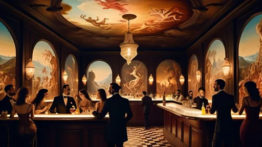 Prompt: surreal cocktail bar in hell by DaVinci, hedonistic dancing people, animals Salvador Dali, wide shot, baroque painting, dreamlike atmosphere, beautiful detailed intricate insanely detail, soft natural volumetric cinematic perfect light, masterpiece