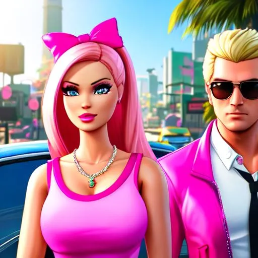 Prompt: Barbie and Ken in Grand Theft Auto 5, beautiful, stunning, sunny day, highly detailed, los santos, high resolution, lots of pink, best quality
