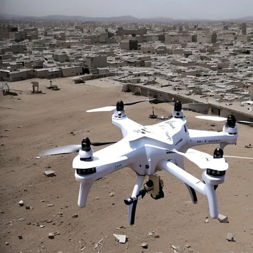 Prompt: Drones spreading peace messages over war-torn areas.