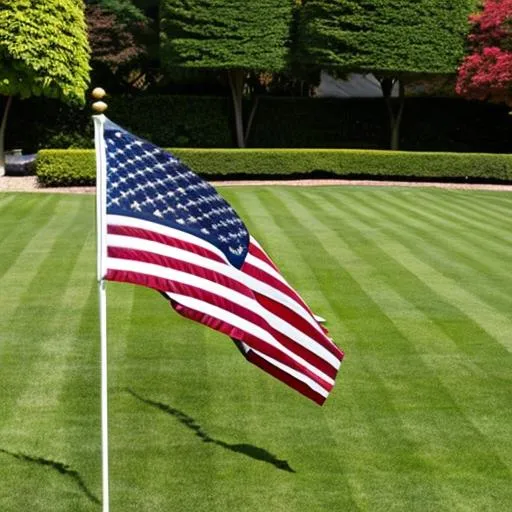 Prompt: manicured large lawn with american flag flying in the wind
