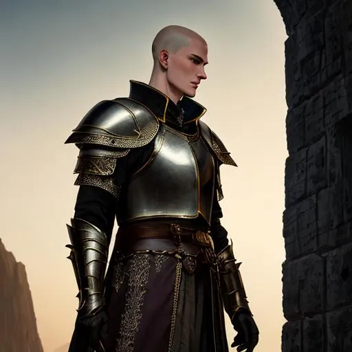 Prompt: fantasy, medieval, Tall man, slender, with pale yellow skin and brown eyes, and a shaved head, With a armor and spear on his back, UHD, 8k, high quality, ultra quality, perfect composition, trending art, trending on artstation, sharp focus, studio photo, intricate details, cinematic lighting, special effects, hyper realism, hyper realistic, oil painting, Very detailed, full body, full view of character, portrait