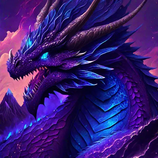 Prompt: Fluffy purple dragon, with glowing blue eyes, volcano with blue lava, relistic