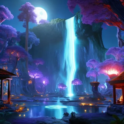 Prompt: Envision a civilization near a glowing waterfall in a lush forest. Fantasy, another dimension. Hyperrealistic, UHD, HD, 8K,  
