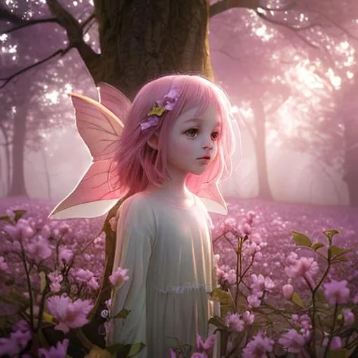 Prompt: Masterpiece portrait of faerie child, ethereal, coming out of a flower bud, misty morning background, pink sunlight filtered through tree branches