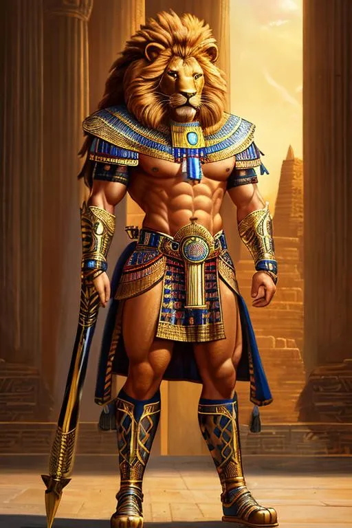 Prompt: oil painting, anthropomorphic lion, male, furry, warrior, ancient egypt, 8k, UHD,   bronze weapons, hieroglyphics art, hyperrealistic, photorealistic, beautiful art, furry art, full body picture, digital art,  hyperperfectionist, muscular, pharaoh, lion head, hyperdetailed full-body of a werelion in battle stance, hyper detailed background, ancient egypt temple inside background