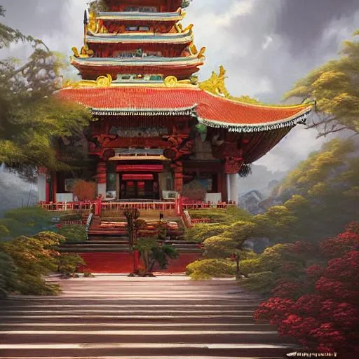 a painting of asian temple, a detailed matte paintin... | OpenArt