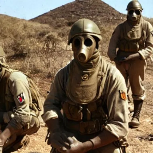 Prompt: soldiers wearing gas masks in a foxhole in Africa 