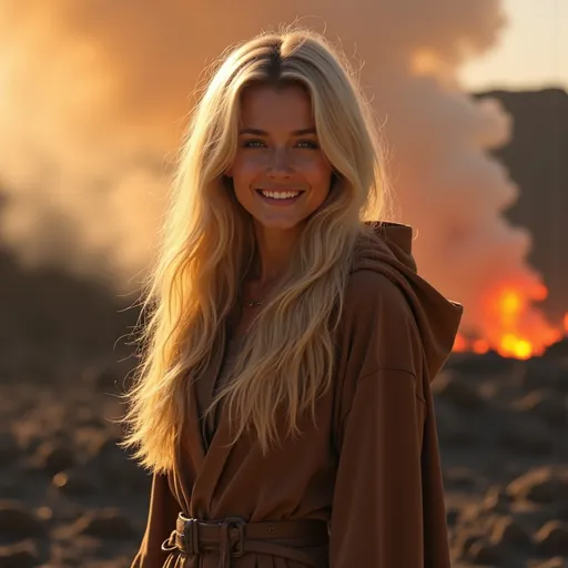 Prompt: A close up of @Tx4EIULSyAMOHH1dNuo5  on a planet that is volcanically active. She's wearing a brown cloak with the hood down.