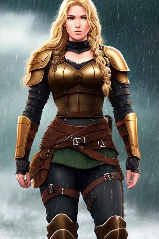 Prompt: digital art, 27-year-old Young woman viking, Quite well-built and lean muscled, Green-gold eyes, short neck length brown hair with streaks of blonde Curly and thick. True curliness shows in misty and/or rainy weather, hair Bordering between blond and dirty blond a middle ground the true challenge, black gear, orange armor, full body, full armor, unreal engine 8k octane, 3d lighting