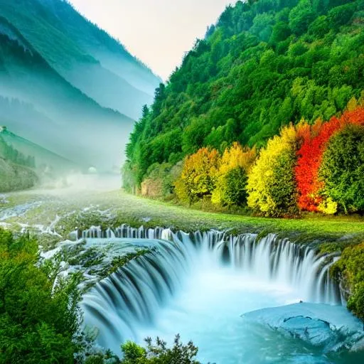 Prompt: beautiful valley with a river and villages between mountains with misty waterfalls during dawn in Austria, professional photograph, deep focus, high detail, colorful, 8 k


