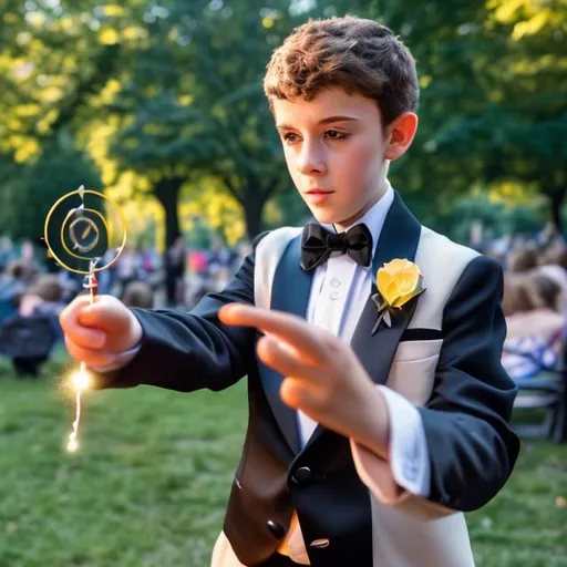 Prompt: 13 year old boy in a tuxedo casting a magic spell with his magic wand in the park